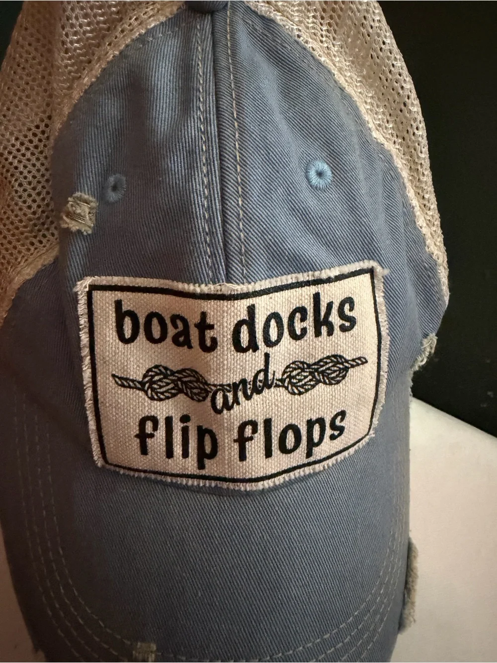 Boat Docks and Flip Flops Patch Trucker Hat - Light Blue & Beige